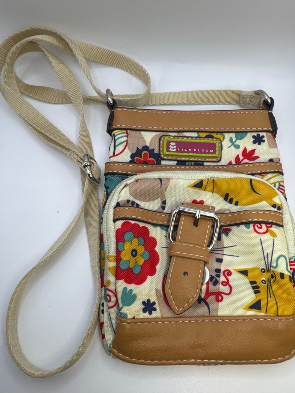 Lily Bloom Canvas Crossbody Bag Colorful Cat & Floral Print
